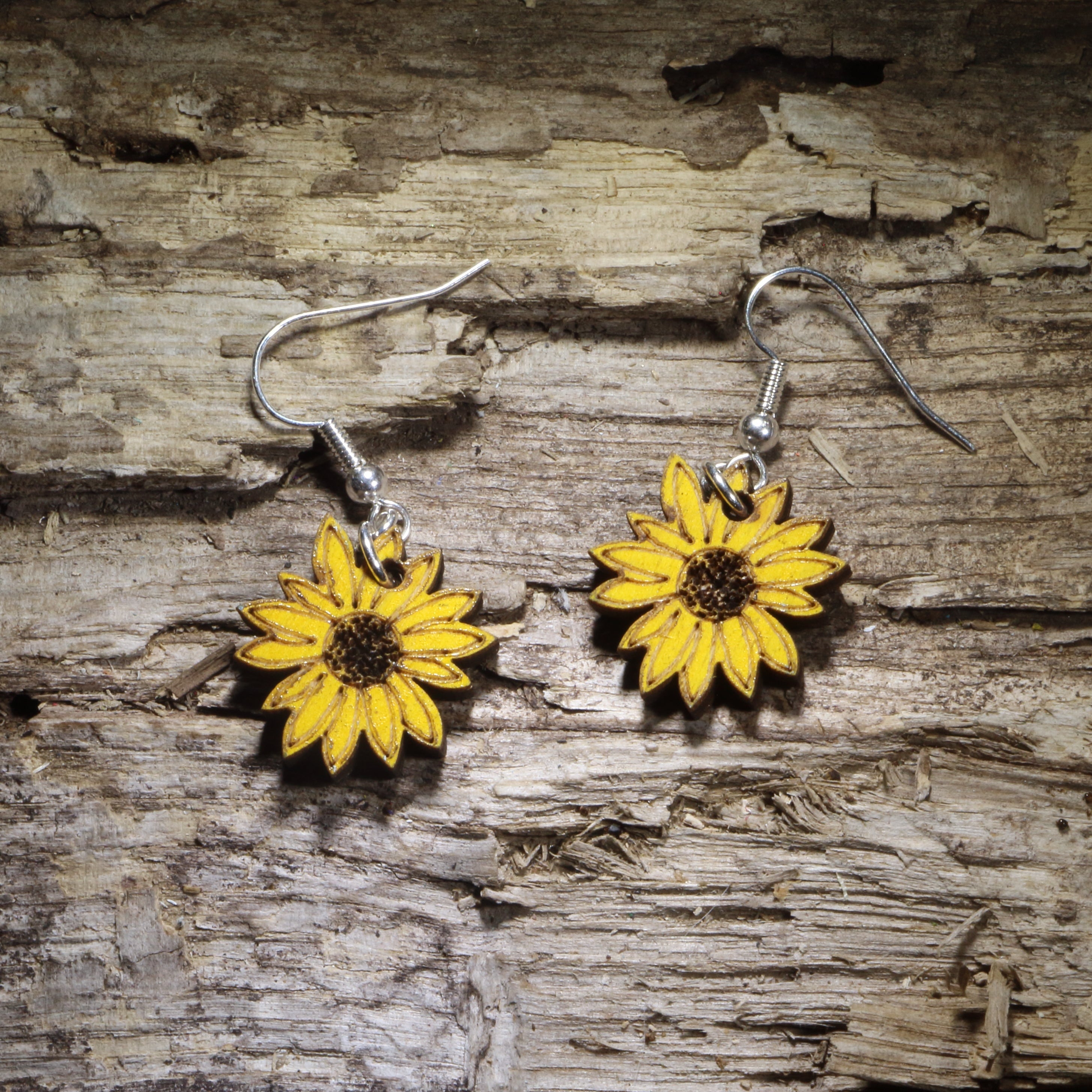 Kansas Sunflower Wooden Dangle Earrings | State Flower Jewelry by Cate's Concepts, LLC