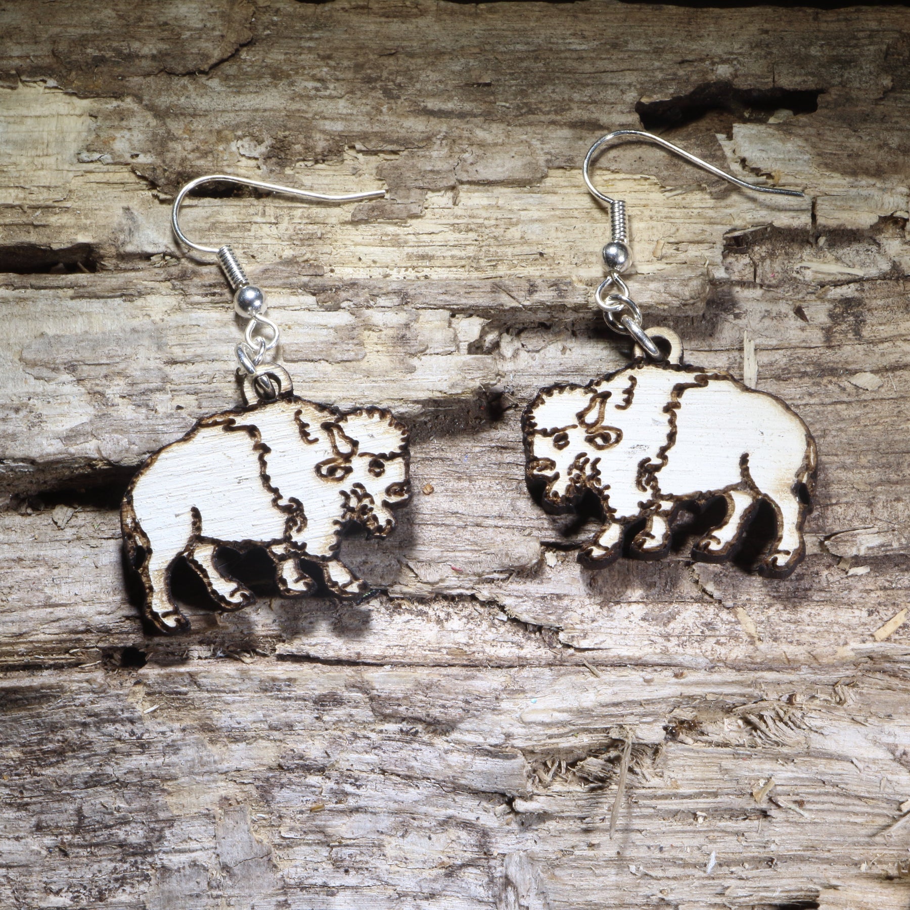 White Buffalo Wooden Earrings | Western Bison Wildlife Jewelry by Cate's Concepts, LLC
