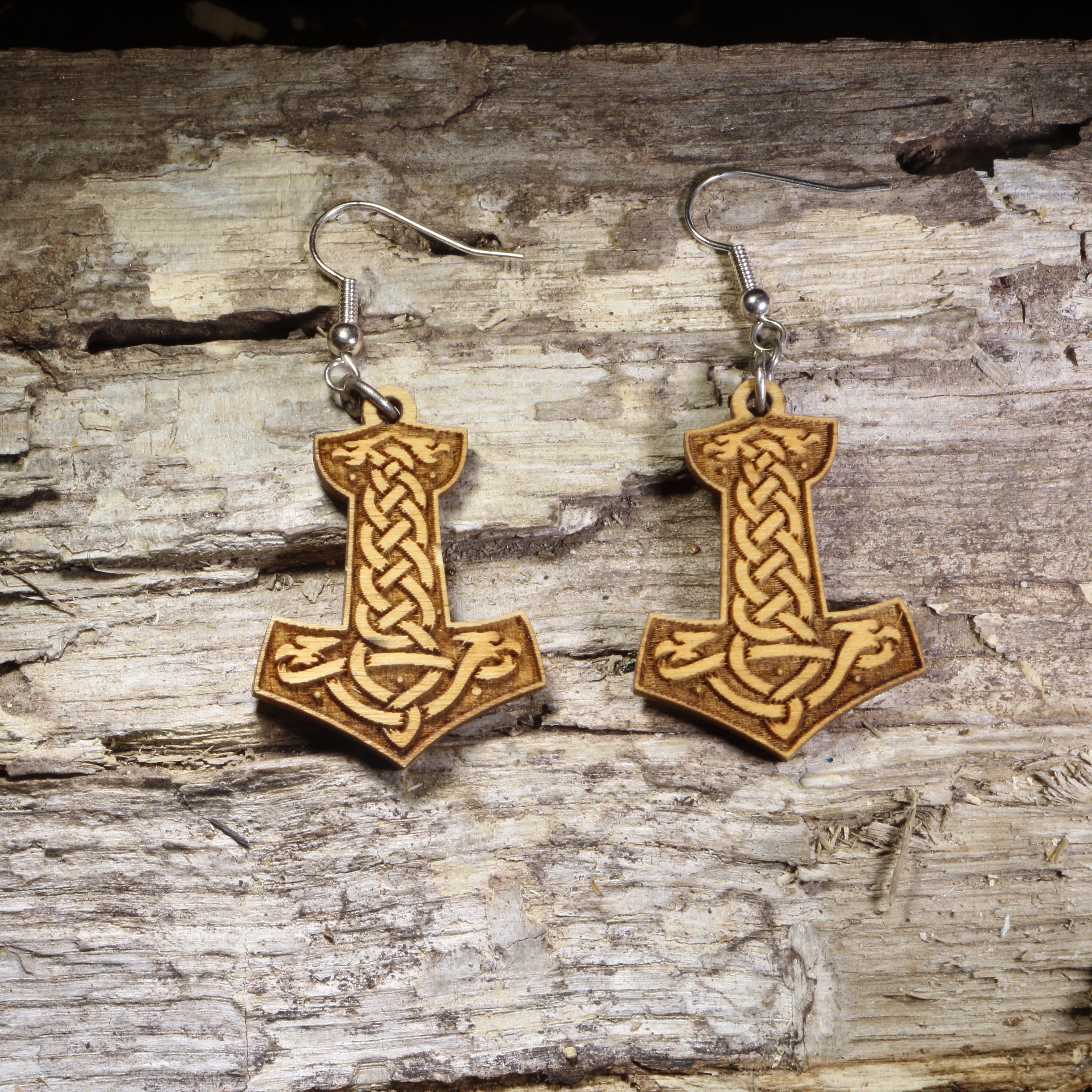 Norse Thor Hammer Wooden Dangle Earrings | Viking Mjolnir Jewelry by Cate's Concepts, LLC