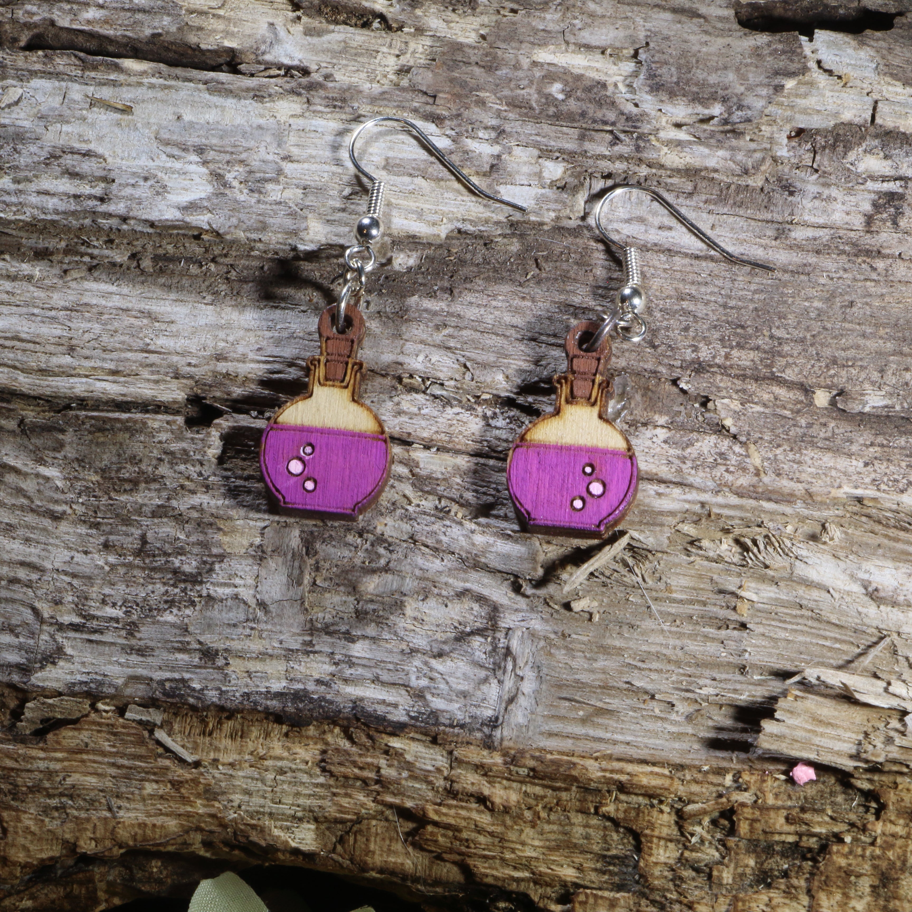 Mad Scientist Potion Bottle Wooden Dangle Earrings | Fantasy Jewelry by Cate's Concepts, LLC