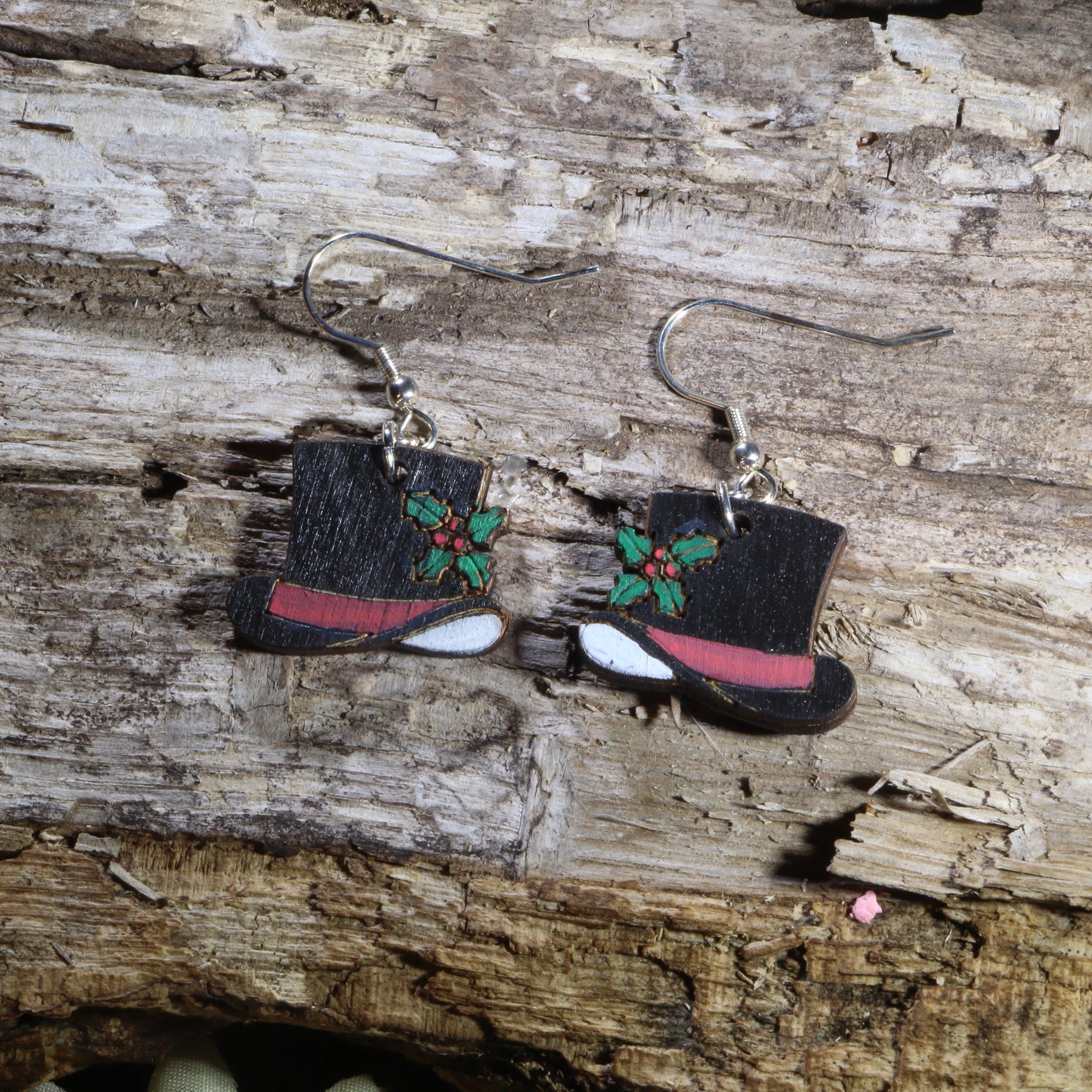 Snowman Top Hat Wooden Dangle Earrings | Christmas Jewelry by Cate's Concepts, LLC