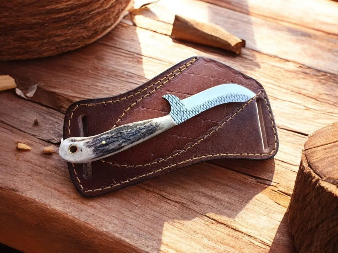 Handmade Belt Knife with Antler Handle & Rasp Steel Blade by Damascus Knife Store, Damascus knife detail photo 2