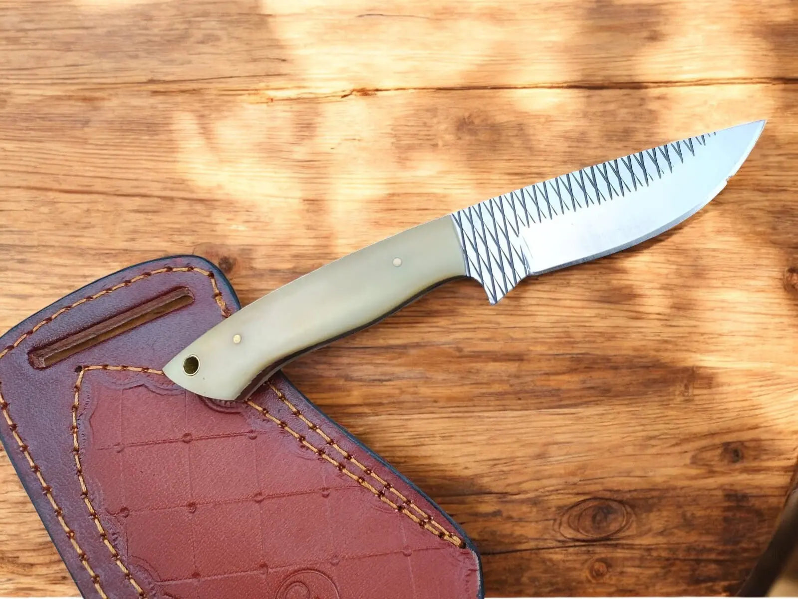 Handmade Cowboy Knife with Bone Handle & Leather Sheath by Damascus Knife Store, leather knife sheath main product photo