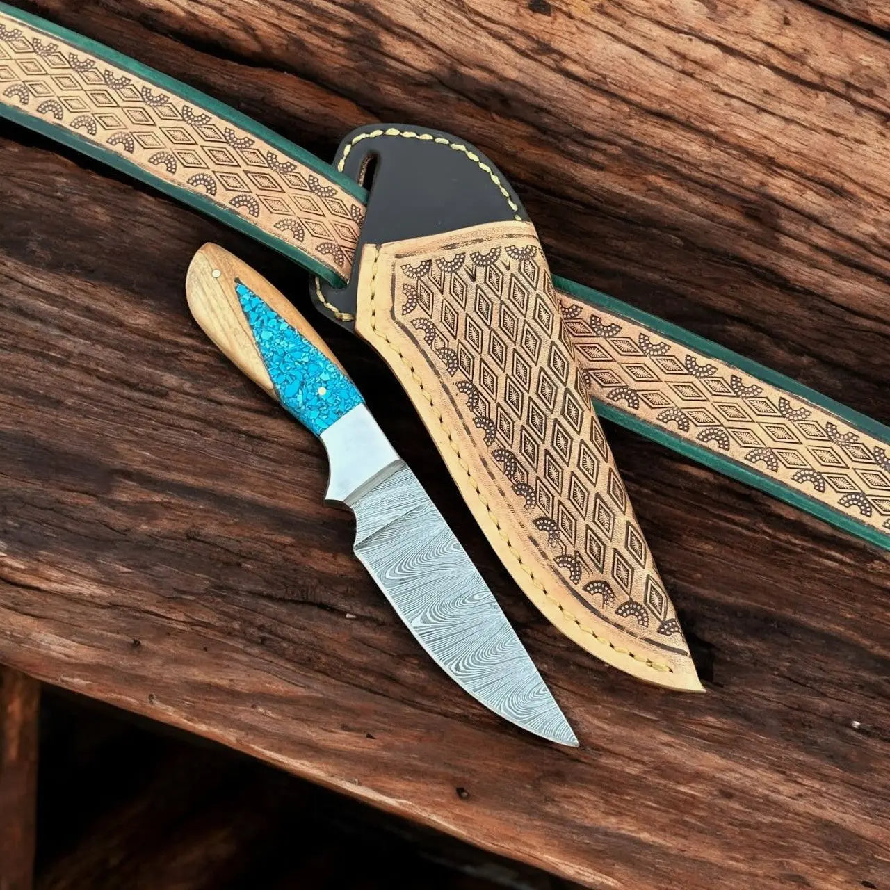 Handmade Damascus Belt Knife – Turquoise Epoxy Resin Handle by Damascus Knife Store, Damascus knife main product photo