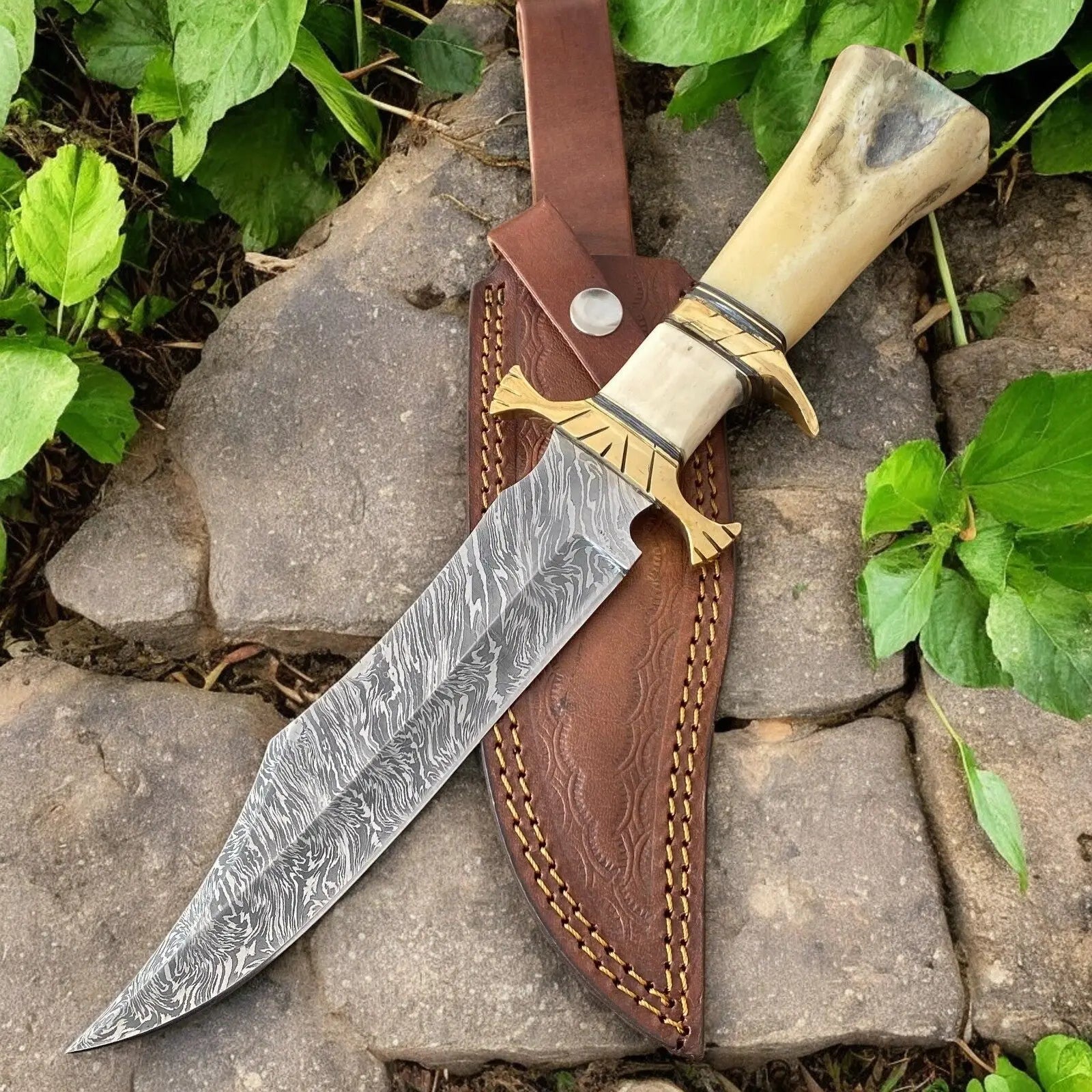 Handmade Damascus Bowie Knife – 10" Bone Handle Blade by Damascus Knife Store, Damascus knife main product photo