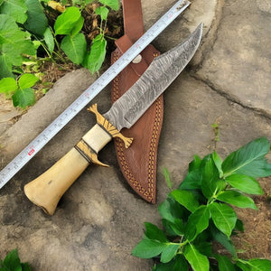 Handmade Damascus Bowie Knife – 10" Bone Handle Blade by Damascus Knife Store, Damascus knife detail photo 4