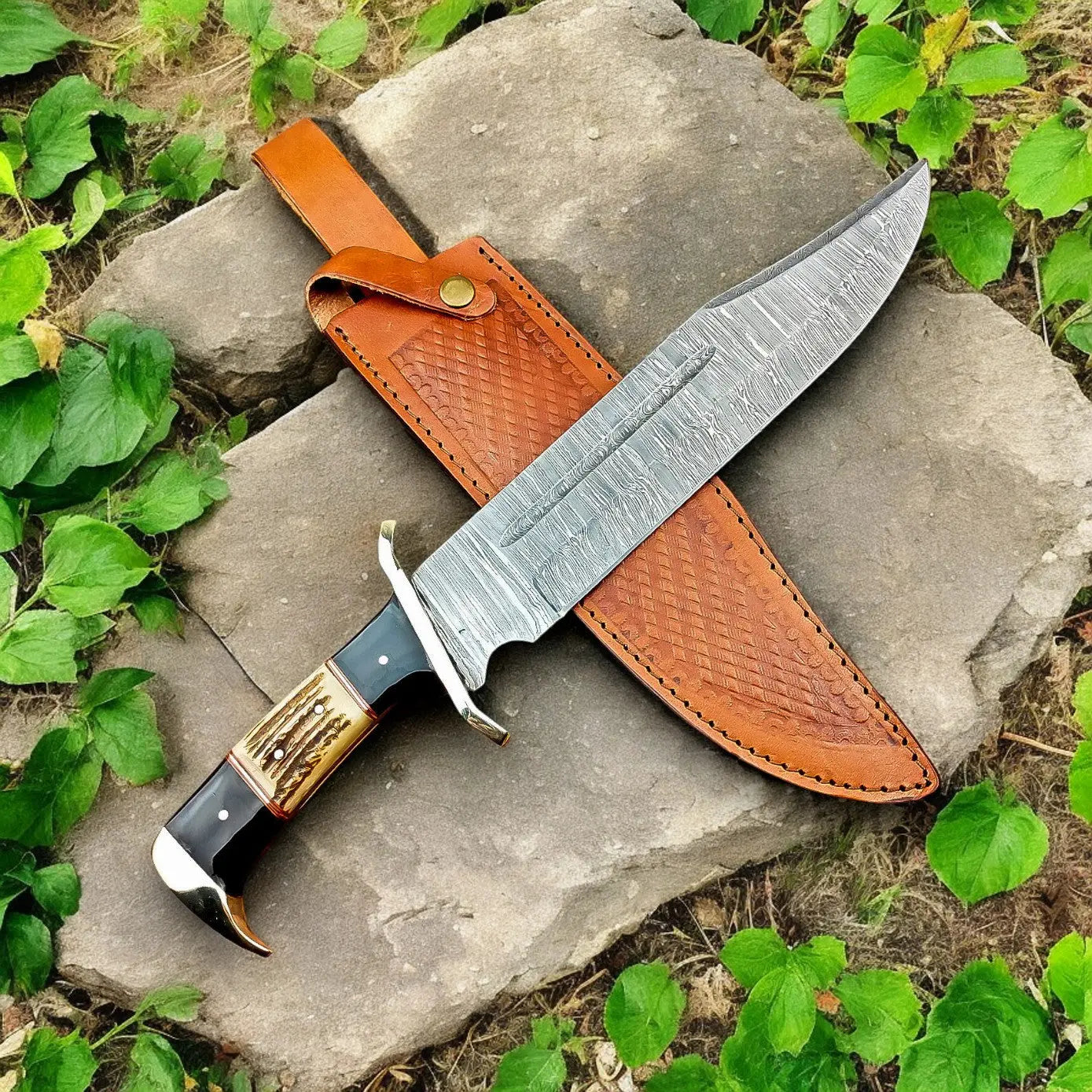 Handmade Damascus Bowie Knife – 15" with Wenge & Antler by Damascus Knife Store, Damascus knife main product photo
