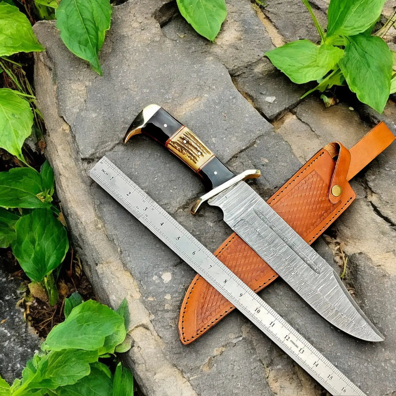Handmade Damascus Bowie Knife – 15" with Wenge & Antler by Damascus Knife Store, Damascus knife detail photo 2