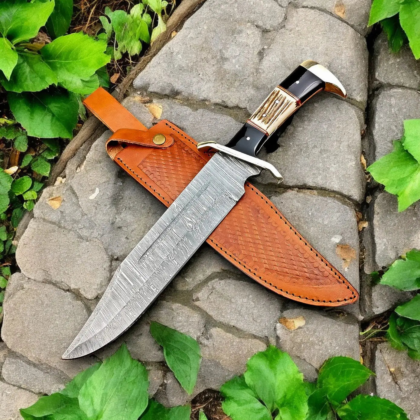 Handmade Damascus Bowie Knife – 15" with Wenge & Antler by Damascus Knife Store, Damascus knife detail photo 3