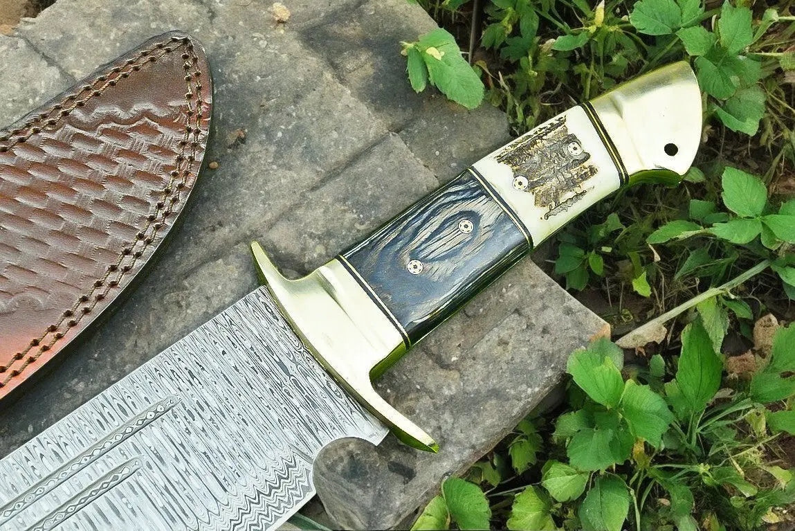 Handmade Damascus Bowie Knife | 16" Antler Horn Handle by Damascus Knife Store, Damascus knife detail photo 2
