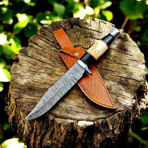 Handmade Damascus Bowie Knife – Bone & Buffalo Horn Handle by Damascus Knife Store, Damascus knife main product photo