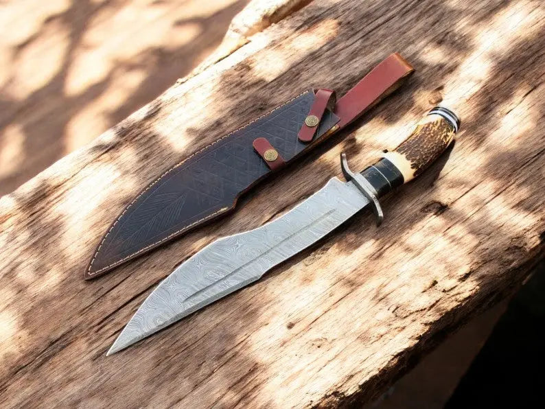 Handmade Damascus Bowie Knife with Antler Horn Handle by Damascus Knife Store, Damascus knife main product photo