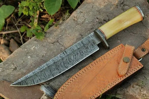 Handmade Damascus Bowie Knife with Bone Handle – 15" by Damascus Knife Store, Damascus knife main product photo