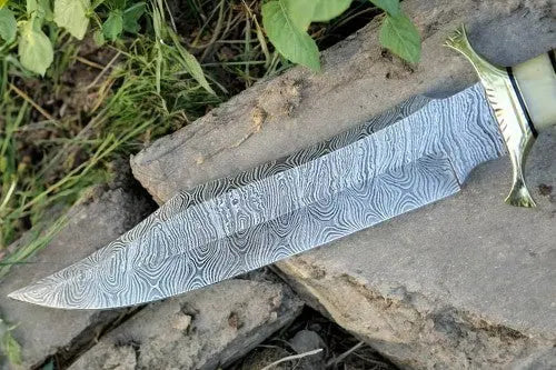 Handmade Damascus Bowie Knife with Bone Handle – 15” by Damascus Knife Store, Damascus knife detail photo 3