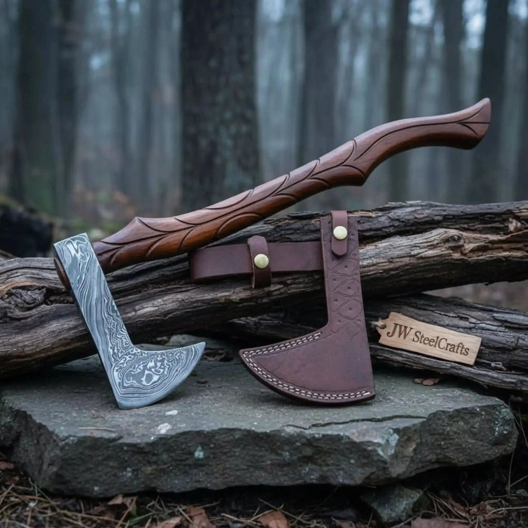 Custom Handmade Damascus steel Viking axe With Pure Leather sheath by JW SteelCrafts, leather knife sheath main product photo
