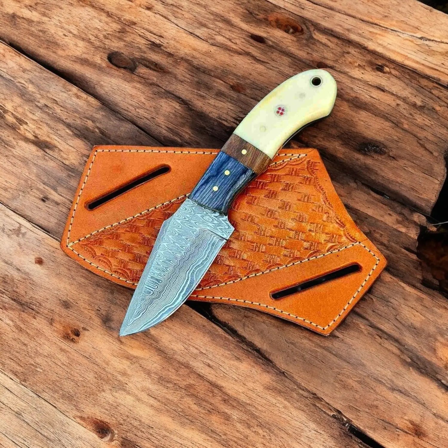 Handmade Damascus Cowboy Knife – 8" Bone & Wood Handle by Damascus Knife Store, Damascus knife main product photo