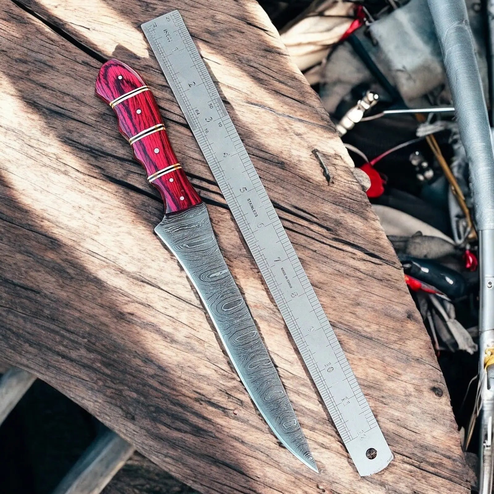 Handmade Damascus Fillet Knife – 12" with Exotic Wood Handle by Damascus Knife Store, Damascus knife detail photo 3