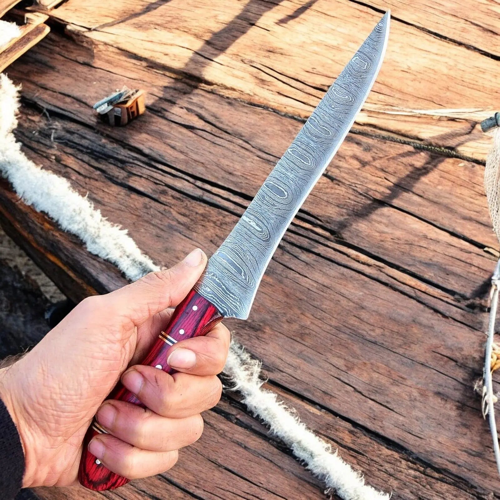 Handmade Damascus Fillet Knife – 12" with Exotic Wood Handle by Damascus Knife Store, Damascus knife detail photo 4