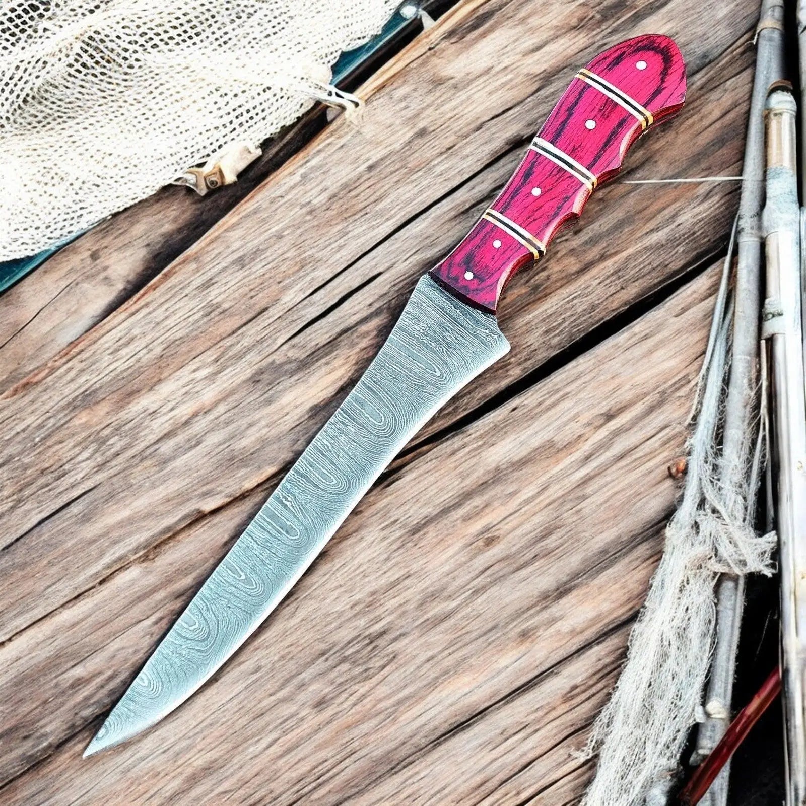 Handmade Damascus Fillet Knife – 12" with Exotic Wood Handle by Damascus Knife Store, Damascus knife detail photo 5