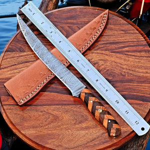 Handmade Damascus Fillet Knife – 12" with Olivewood Handle by Damascus Knife Store, Damascus knife main product photo