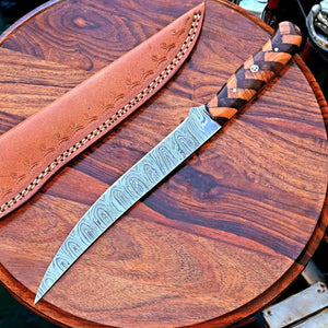 Handmade Damascus Fillet Knife – 12" with Olivewood Handle by Damascus Knife Store, Damascus knife detail photo 2