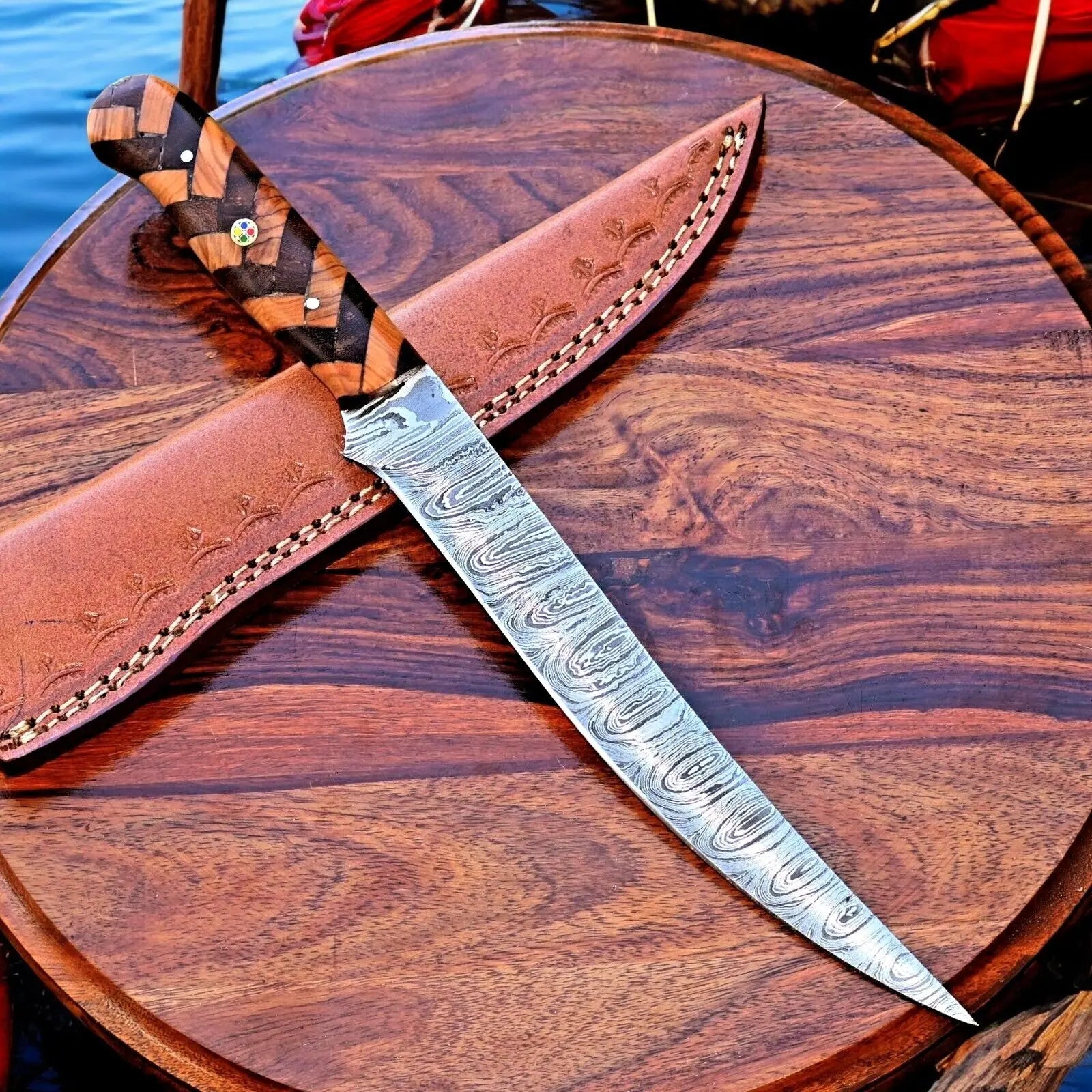 Handmade Damascus Fillet Knife – 12" with Olivewood Handle by Damascus Knife Store, Damascus knife detail photo 4