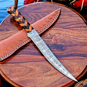 Handmade Damascus Fillet Knife – 12" with Olivewood Handle by Damascus Knife Store, Damascus knife detail photo 4