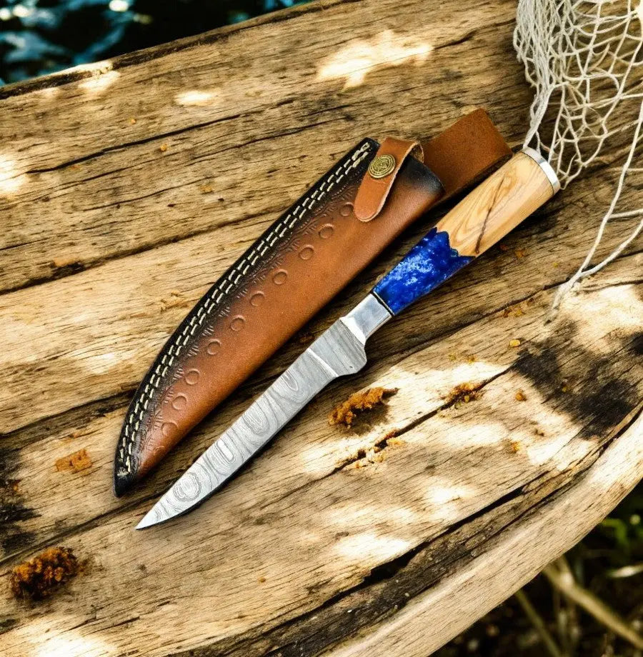 Handmade Damascus Fillet Knife – Epoxy Olive Wood Handle by Damascus Knife Store, Damascus knife main product photo