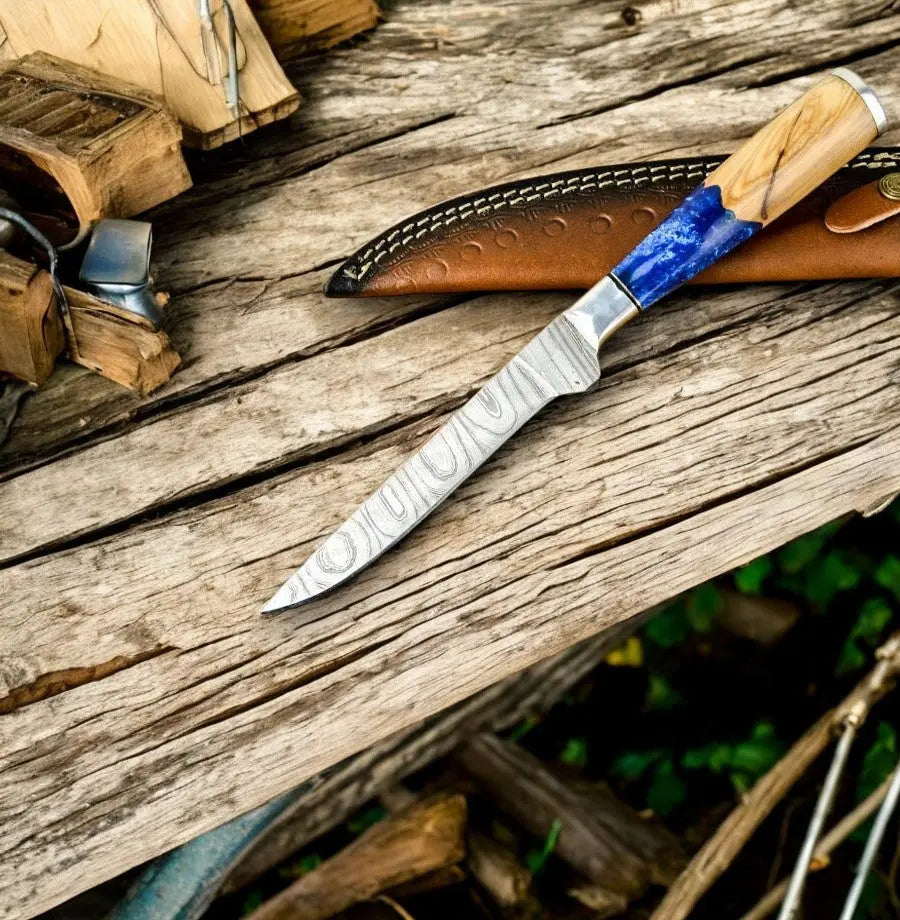 Handmade Damascus Fillet Knife – Epoxy Olive Wood Handle by Damascus Knife Store, Damascus knife detail photo 2