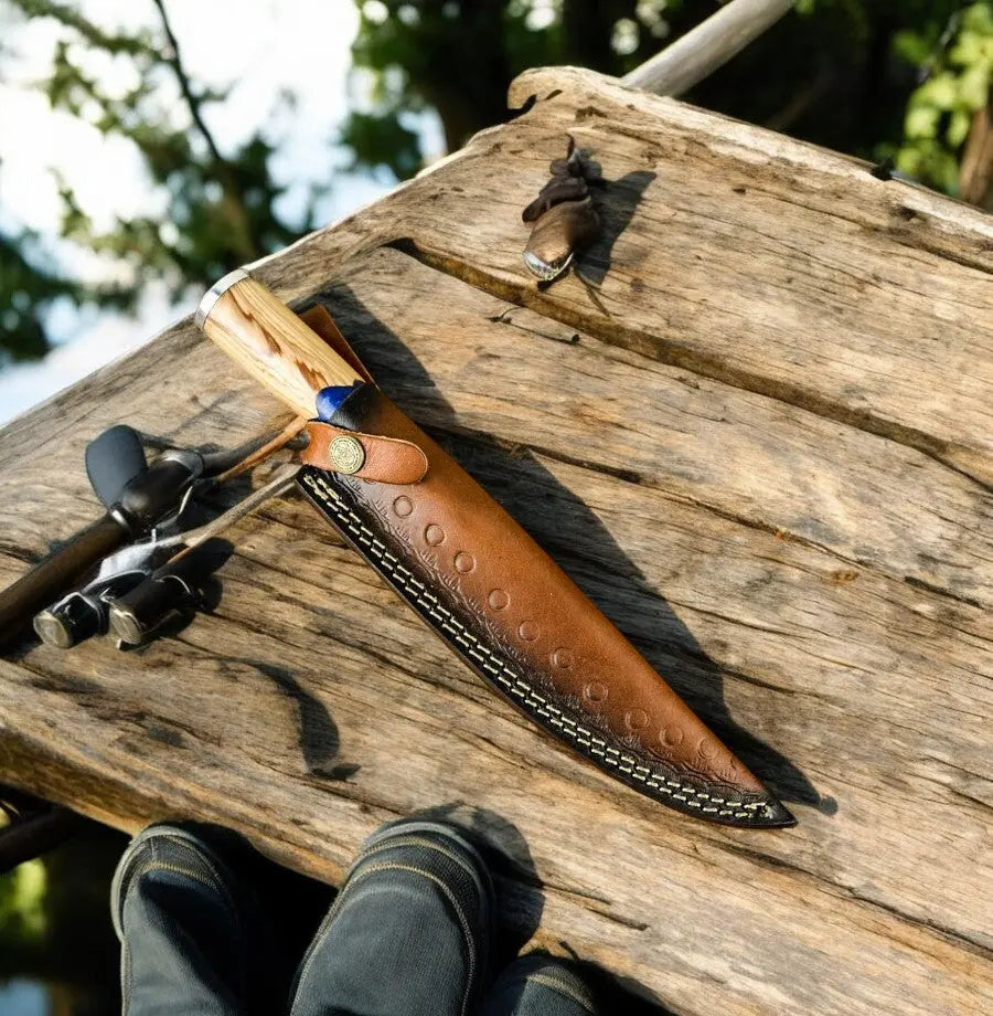 Handmade Damascus Fillet Knife – Epoxy Olive Wood Handle by Damascus Knife Store, Damascus knife detail photo 3