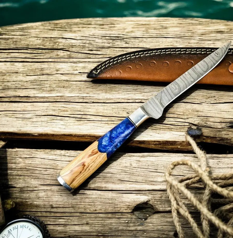 Handmade Damascus Fillet Knife – Epoxy Olive Wood Handle by Damascus Knife Store, Damascus knife detail photo 4