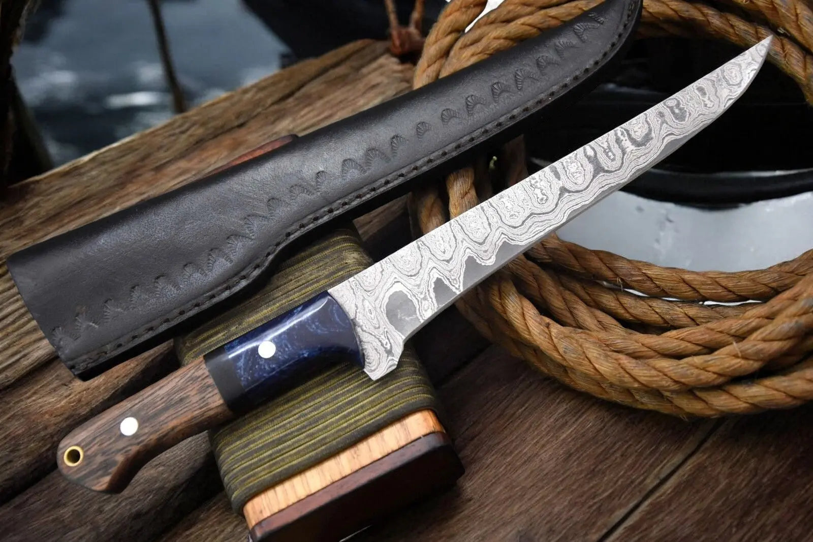 Handmade Damascus Fillet Knife – Olivewood & Resin Handle by Damascus Knife Store, Damascus knife detail photo 2