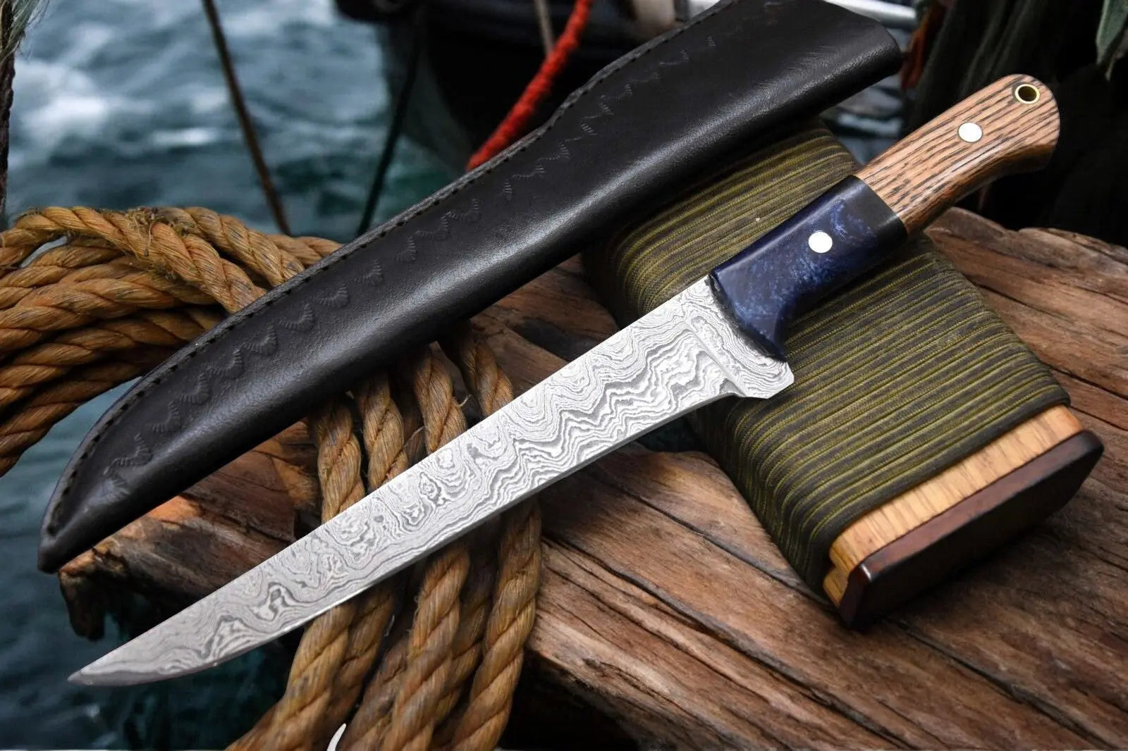 Handmade Damascus Fillet Knife – Olivewood & Resin Handle by Damascus Knife Store, Damascus knife detail photo 6