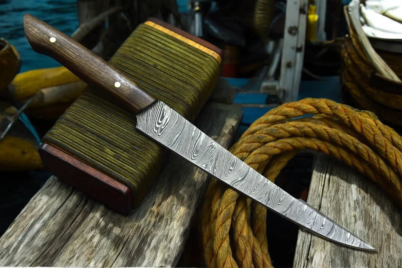 Handmade Damascus Fillet Knife – Walnut Wood Handle by Damascus Knife Store, Damascus knife detail photo 4