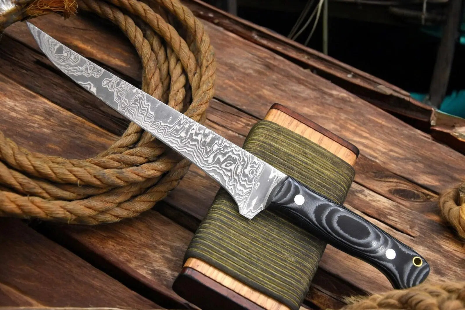 Handmade Damascus Fillet Knife with G-10 Micarta Handle by Damascus Knife Store, Damascus knife detail photo 3