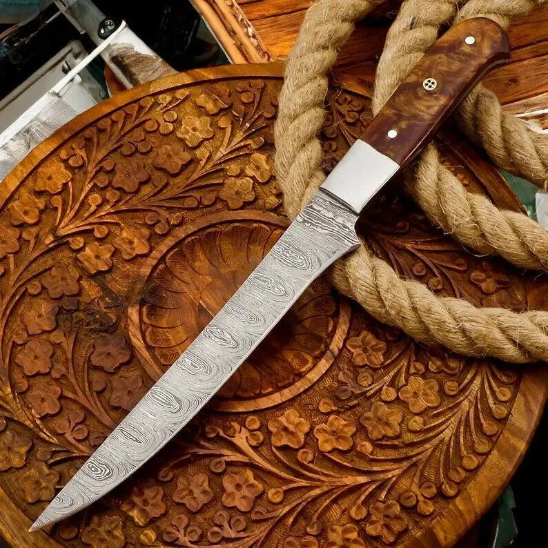 Handmade Damascus Fillet Knife with Rosewood Handle by Damascus Knife Store, Damascus knife detail photo 5