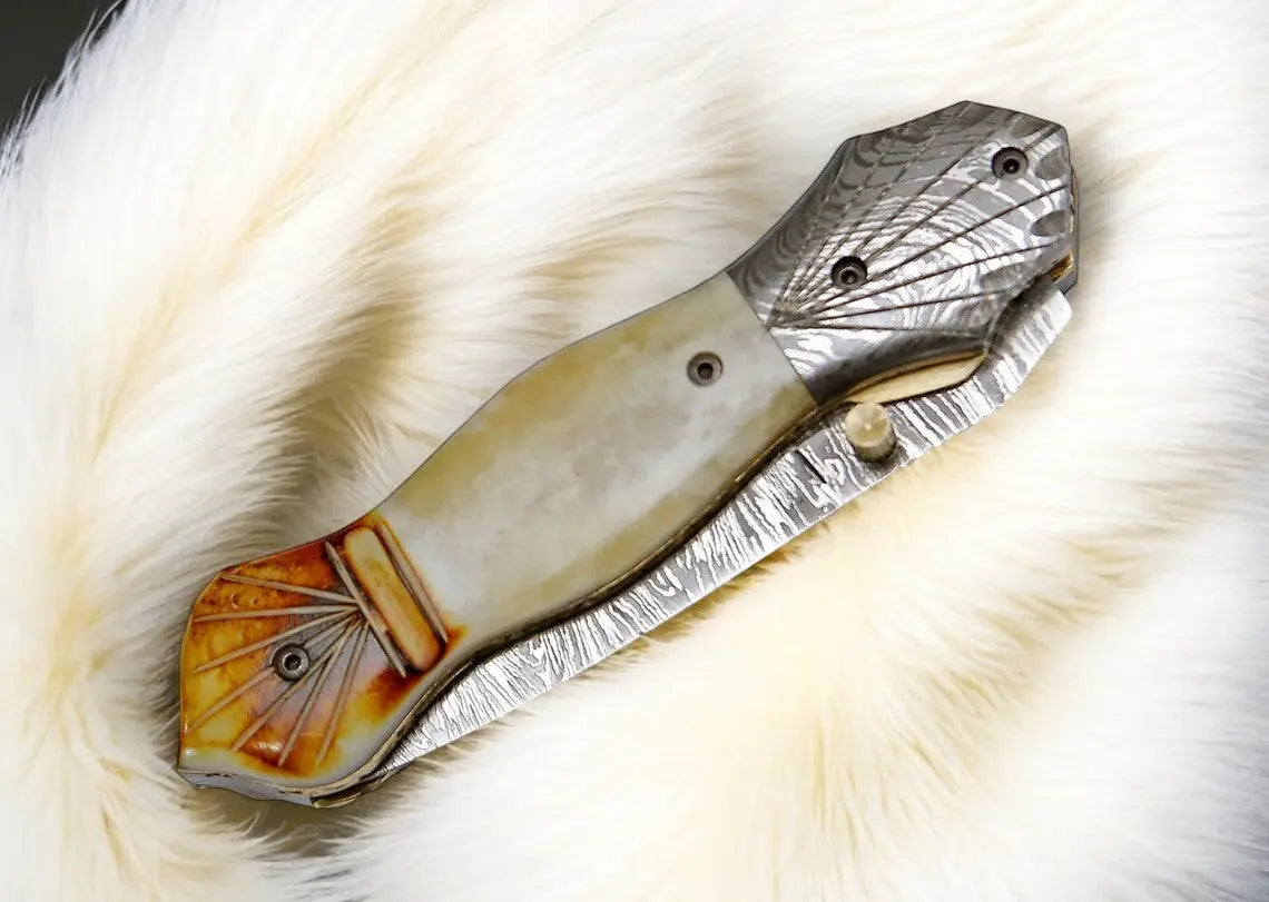 Handmade Damascus Folding Knife – Bone Handle, 3" Blade by Damascus Knife Store, Damascus knife detail photo 4