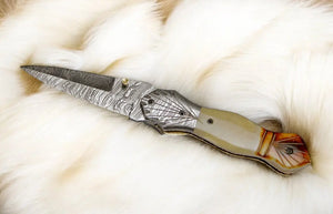 Handmade Damascus Folding Knife – Bone Handle, 3" Blade by Damascus Knife Store, Damascus knife detail photo 5