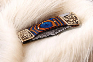 Handmade Damascus Folding Knife – Exotic Wood Handle by Damascus Knife Store, Damascus knife detail photo 3