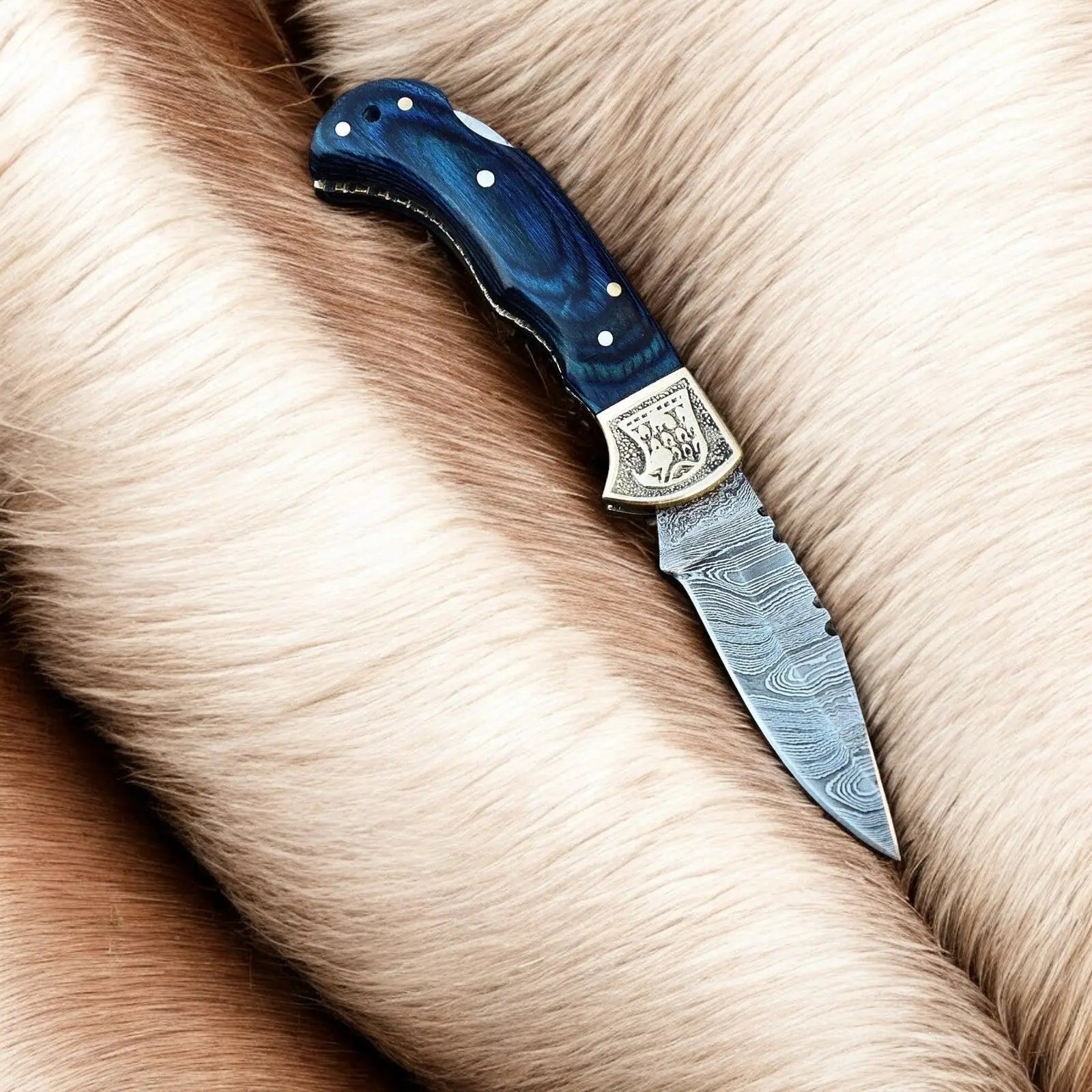 Handmade Damascus Folding Knife – Exotic Wood & Brass by Damascus Knife Store, Damascus knife detail photo 2