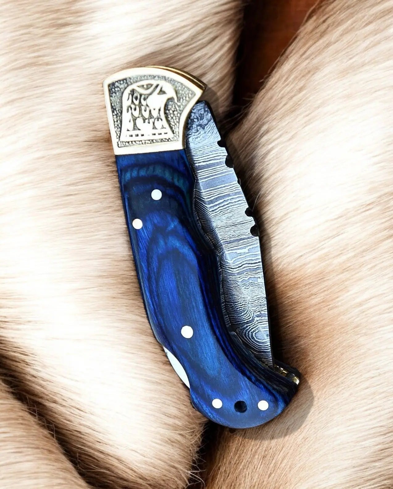 Handmade Damascus Folding Knife – Exotic Wood & Brass by Damascus Knife Store, Damascus knife detail photo 5
