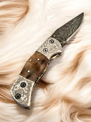 Handmade Damascus Folding Knife – Sheep Horn Handle by Damascus Knife Store, Damascus knife detail photo 3
