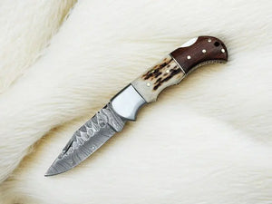 Handmade Damascus Folding Knife | Stag Horn & Rosewood by Damascus Knife Store, Damascus knife main product photo