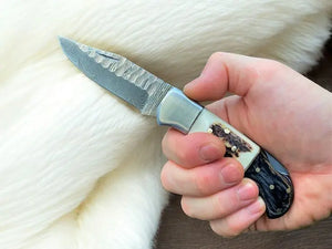 Handmade Damascus Folding Knife | Stag Horn & Rosewood by Damascus Knife Store, Damascus knife detail photo 2