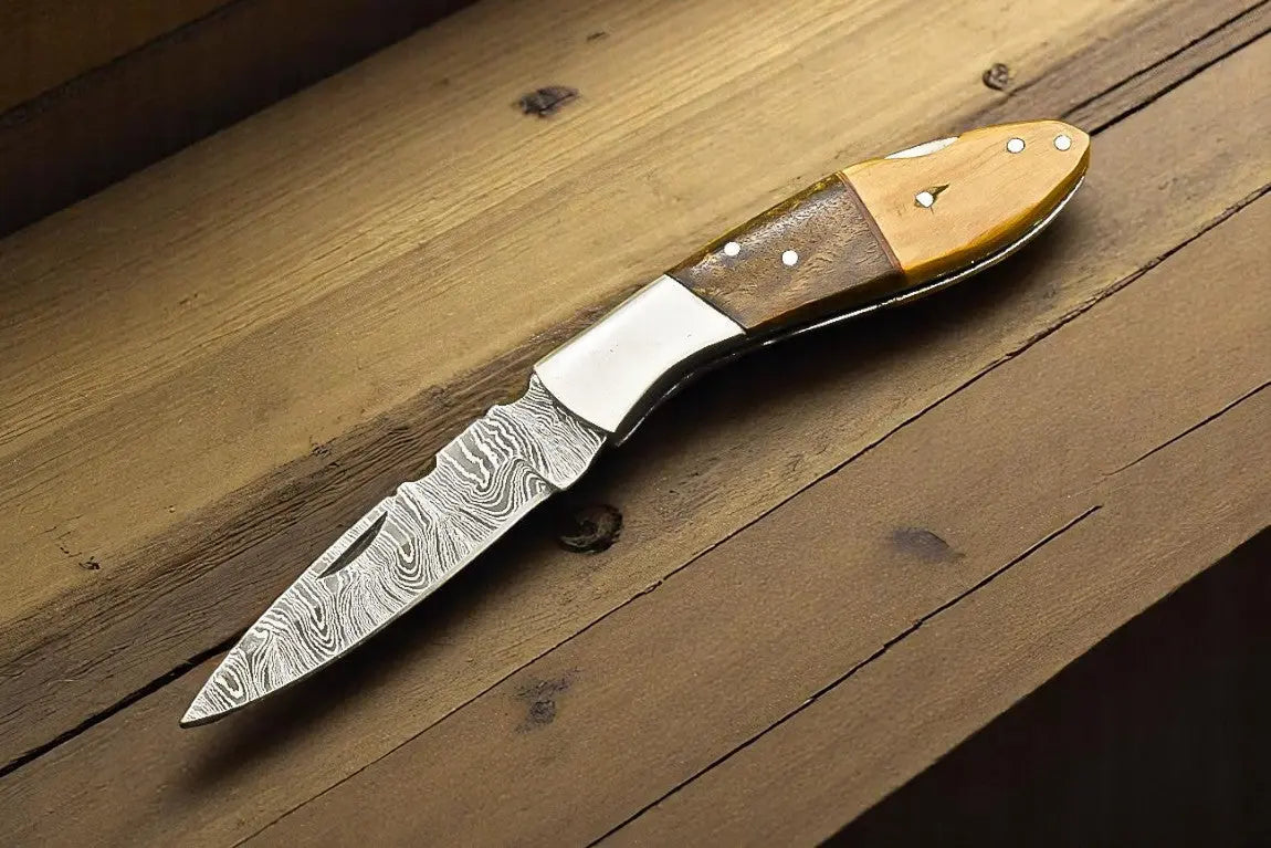 Handmade Damascus Folding Knife with Walnut Handle by Damascus Knife Store, Damascus knife main product photo