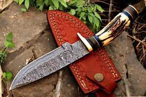 Handmade Damascus Hunting Knife – Antler & Wood Handle by Damascus Knife Store, Damascus knife detail photo 3