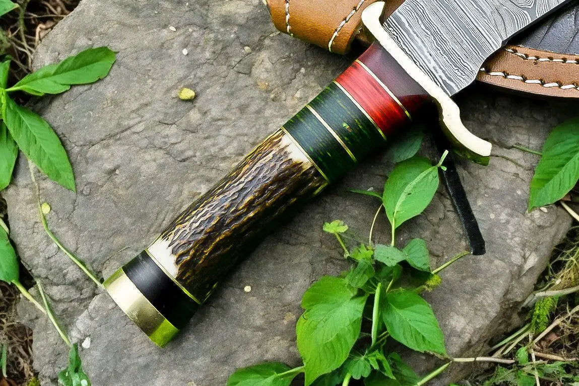 Handmade Damascus Hunting Knife – Antler & Wood Handle by Damascus Knife Store, Damascus knife detail photo 3