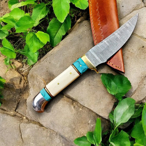Handmade Damascus Hunting Knife – Turquoise & Bone Handle by Damascus Knife Store, Damascus knife detail photo 3