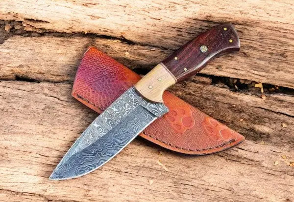 Handmade Damascus Hunting Knife with Rosewood & Olivewood by Damascus Knife Store, Damascus knife main product photo