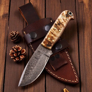 Handmade Damascus Hunting Knife with Sheep Horn Handle by Damascus Knife Store, Damascus knife detail photo 2